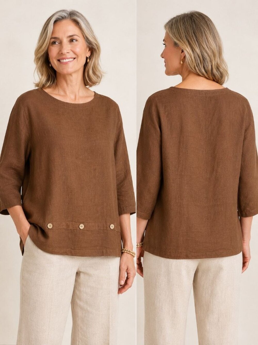 Hot Cotton By Marc Ware Women Boxy Top Linen W/Button Detail Brown Xlarge